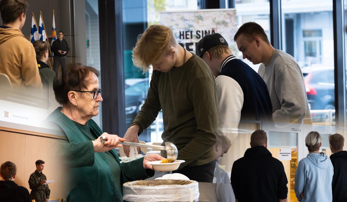 Kuvakollaasi kutsunnoista, pääkuvassa sotilaskodin vihreäsisar jakaa hernekeittoa kutsuntoihin osallistuneille.