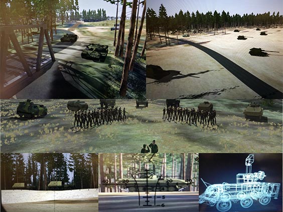 Kuvakaappauksia virtuaaliympäristöstä: tankkeja, sotilata ja ajoneuvoja tähtäimen läpi katsottuna.