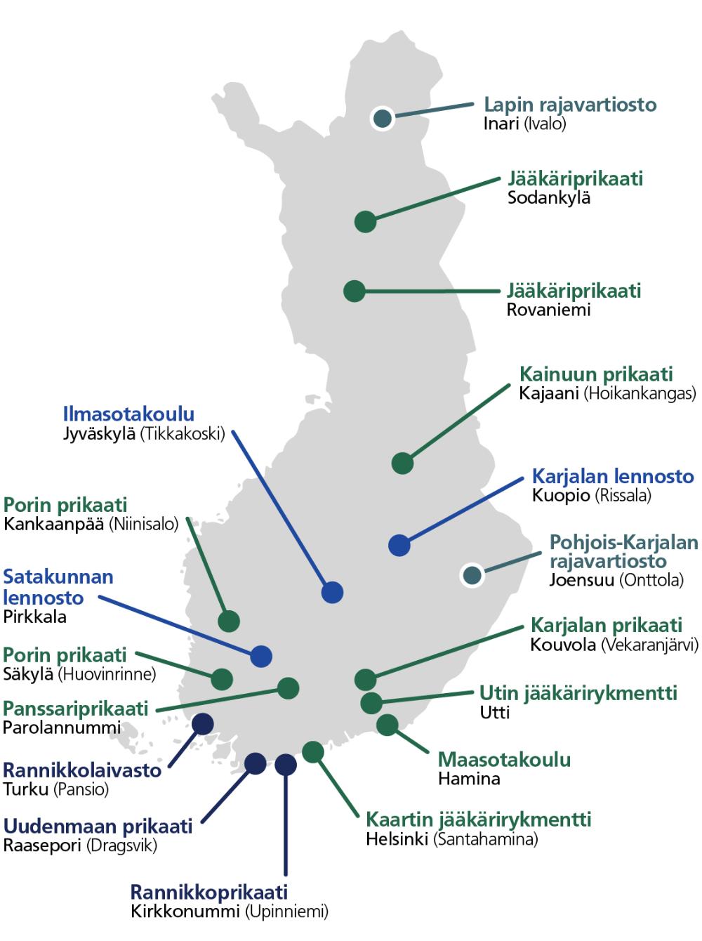 Kartta niistä alokkaita kouluttavista joukko-osastoista, joihin määrätään kutsunnoissa