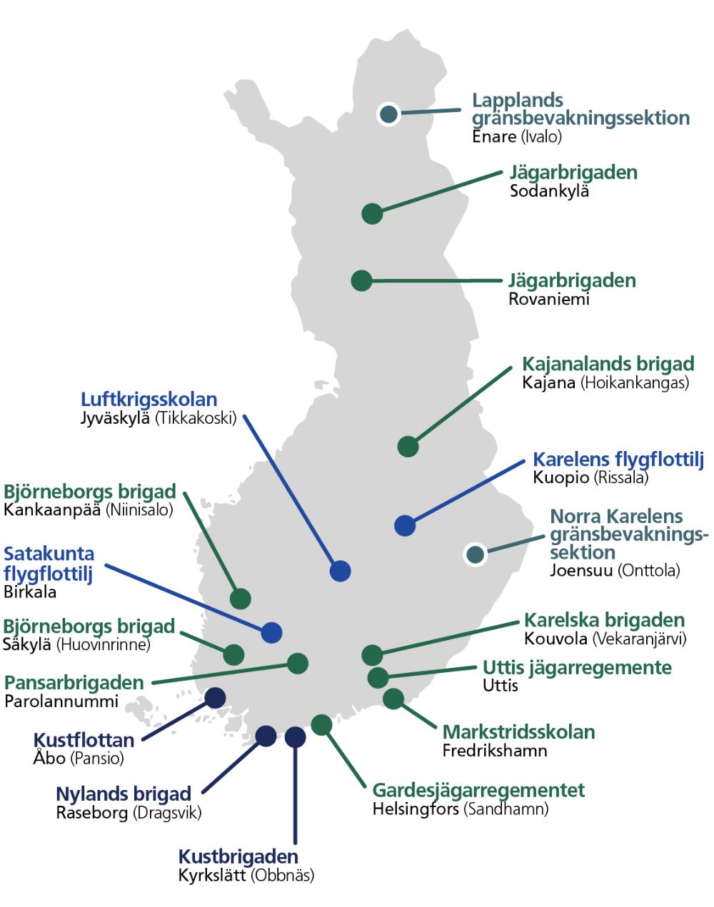 Kartta niistä alokkaita kouluttavista joukko-osastoista, joihin määrätään kutsunnoissa