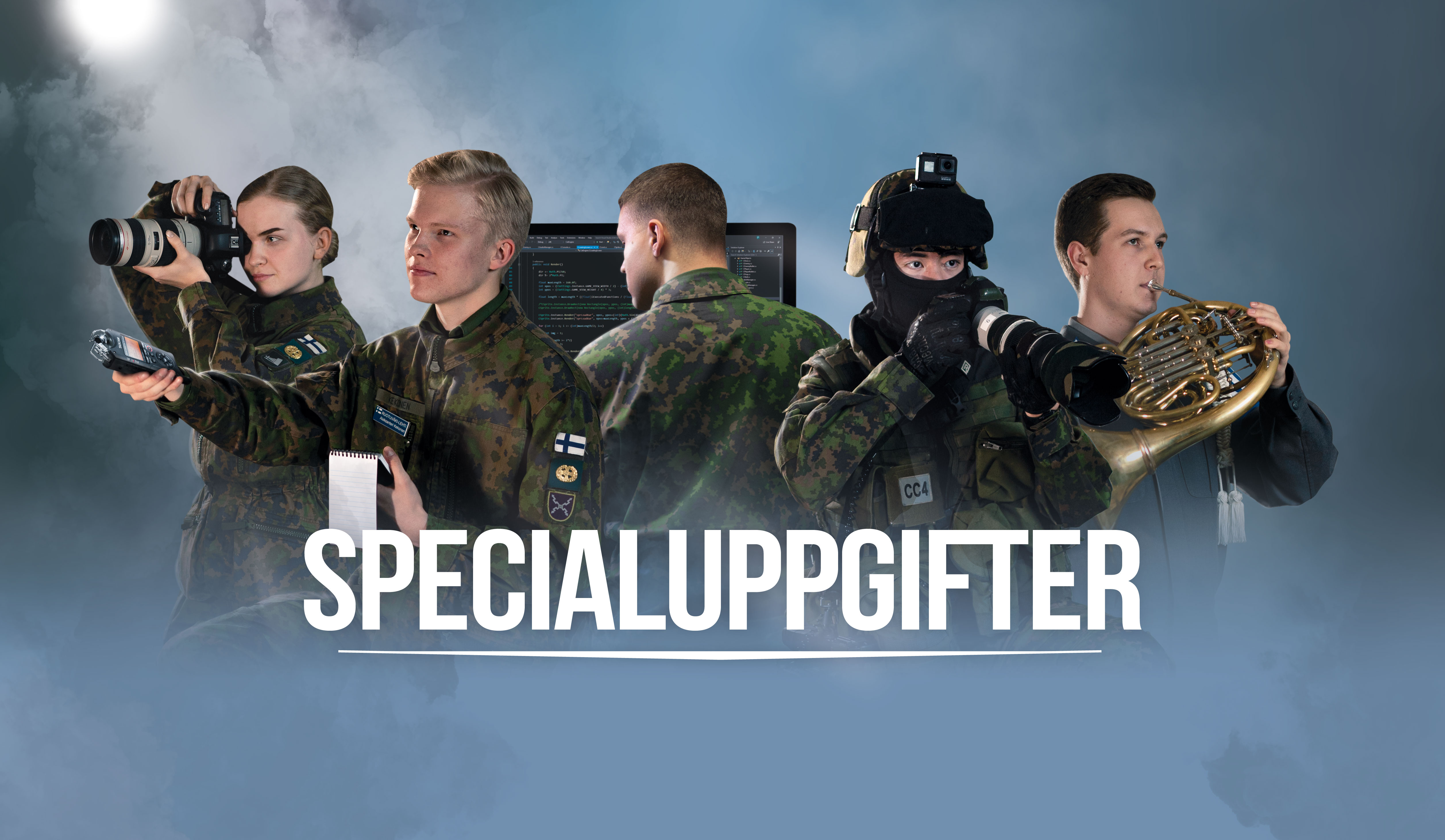 Broschyr som visar värnplikt i specialroller: fotograf, journalist, stridskamera, mediaproduktion och hornspelare. Text: Specialuppgifter ansökningstid 6. -26.1.2020.