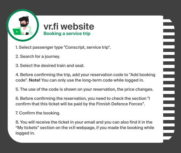 Instructions for booking a service trip on the vr.fi website