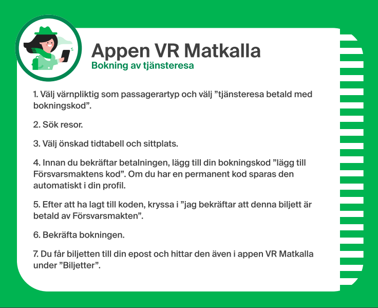 instruktioner för att boka en serviceresa i  VR Matkalla -appen